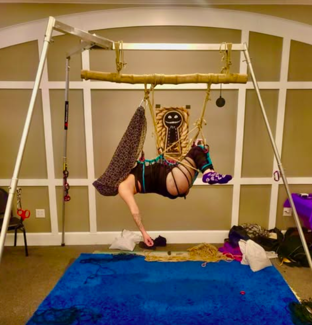 Tetruss Bamboo frame with a bamboo pole across the top, set up in a large room with a blue rug on the floor