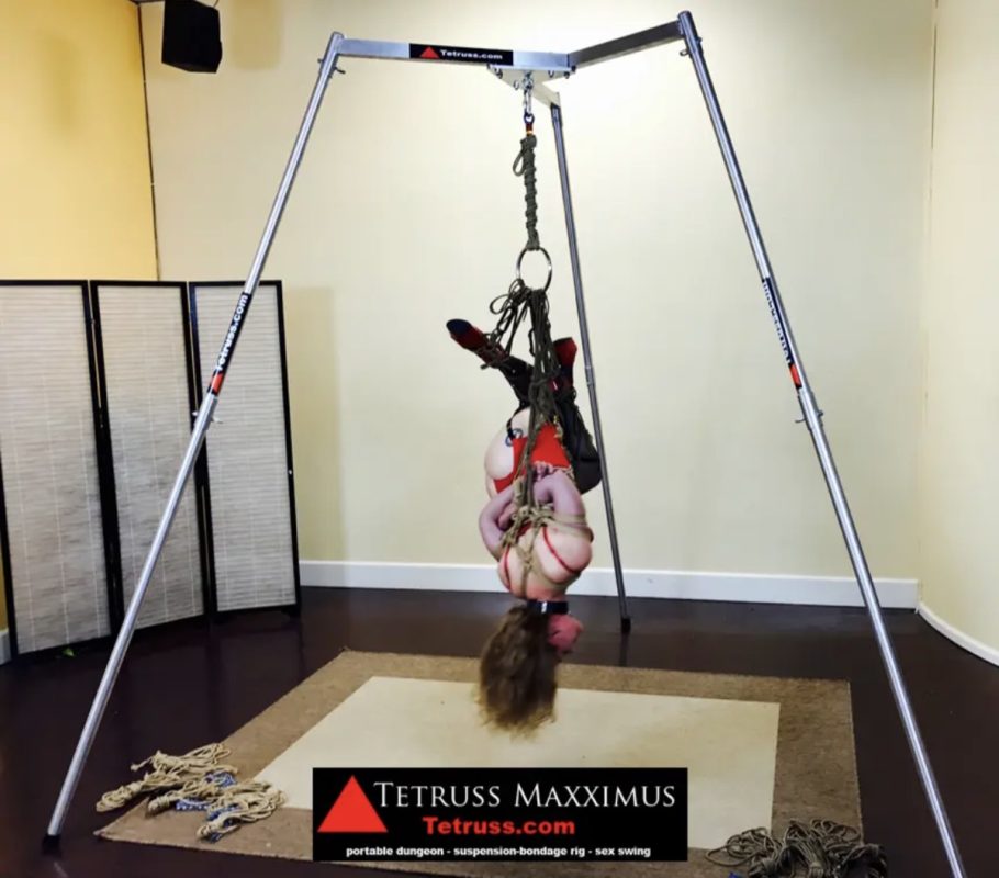 Tetruss Maxximus frame set up for rope suspension in a studio, with coils of rope on the floor